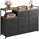EnHomee Dresser for Bedroom with 11 Drawers, Dresser TV Stand with Shelves, Long Dressers & Chests of Drawers, Wide Dressers for Bedroom Dresser with Sturdy Metal Frame & Wood Top, Black