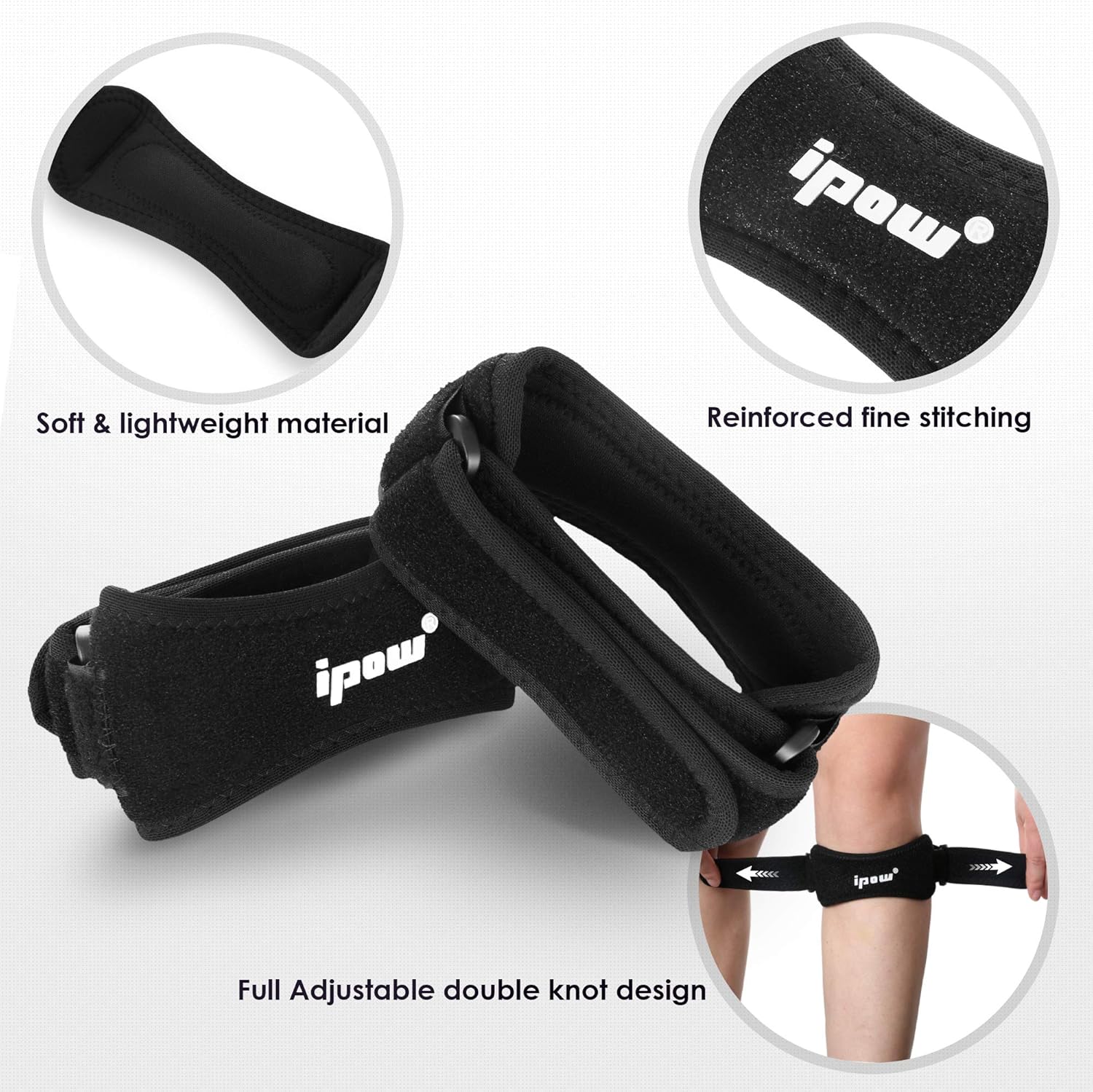IPOW 2 Pack Knee Pain Relief & Patella Stabilizer Knee Strap Brace Support for Hiking, Soccer, Basketball, Running, Jumpers Knee, Tennis, Tendonitis, Volleyball & Squats (Black): Sports & Outdoors