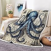 Uokiuki Nautical Octopus Throw Blankets, Map Ocean Cozy Warm Bed Living Room Bedroom Couch Blanket, White Fleece Flannel Throws to Decorate The Room and Bedroom Women Men Girls Boys All Season