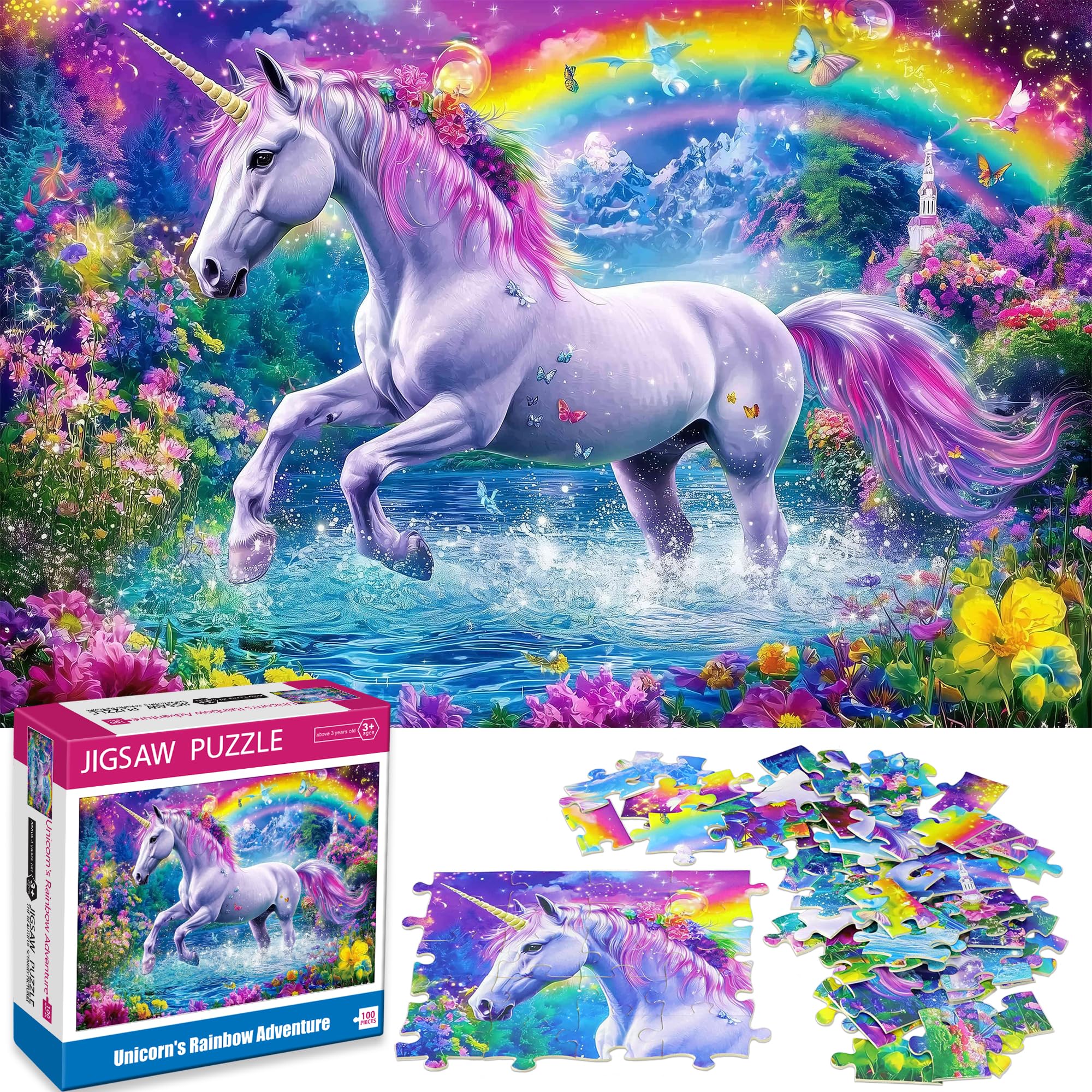 Photo 1 of 100 Piece Puzzles for Kids Ages 4-6 6-8 Unicorn Rainbow Jigsaw Puzzles Kids Puzzles Ages 5-8 100 Piece Puzzle for Adults Kids Learning Educational Toys Gifts for Girls Boys