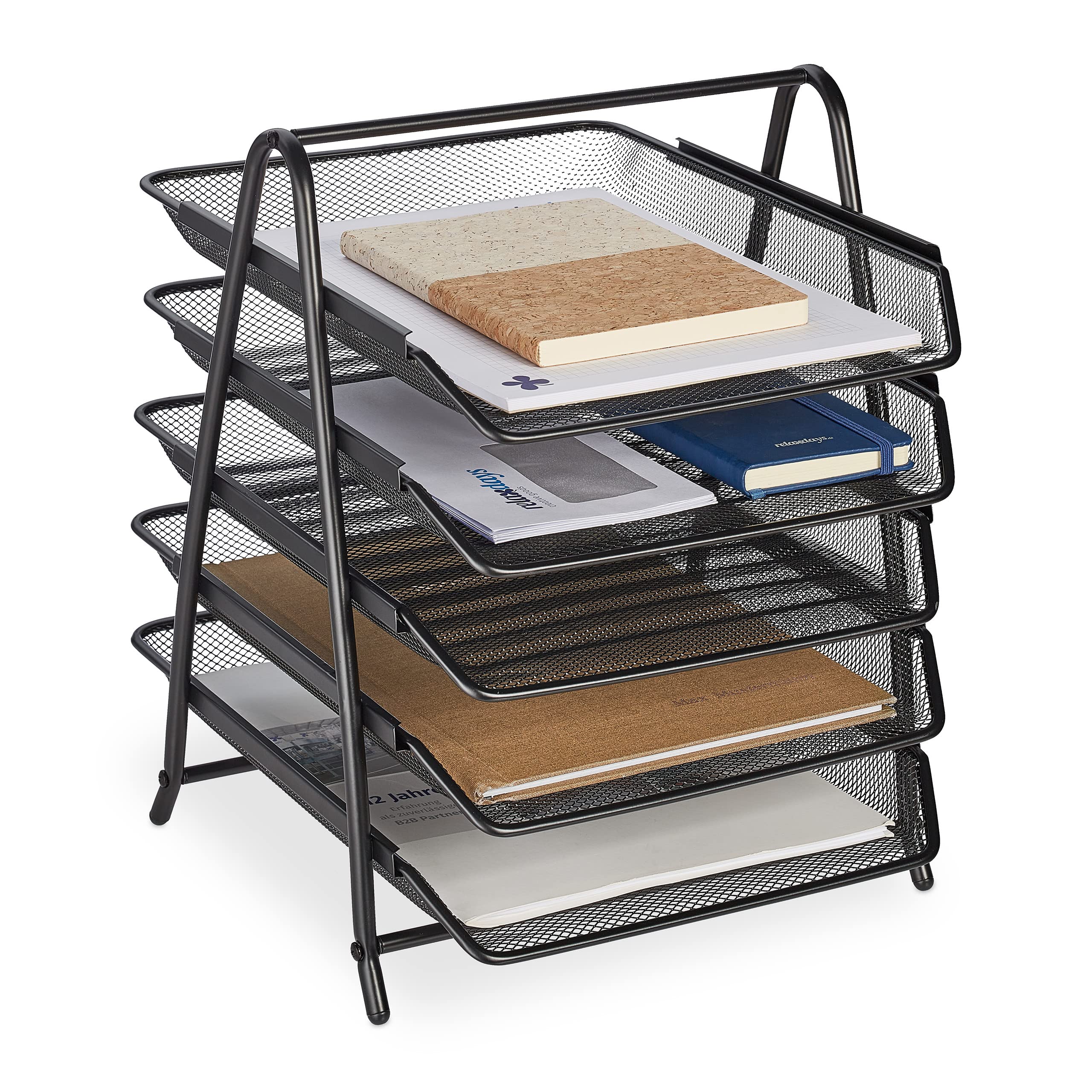 Relaxdays Document Tray, 5 Compartments, Filing System, Mesh, Letter Tray A4, HxWxD: 37.5 x 30 x 35.5 cm, Metal, Black