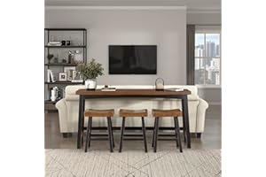 Lexicon Bar Table Set for 3, Small Kitchen Table Set Kitchen Island Table with 3 Saddle Bar Stools, 4 Piece Dining Table Set for Breakfast Nook, Living Room, Apartment, Counter Height, Black/Brown