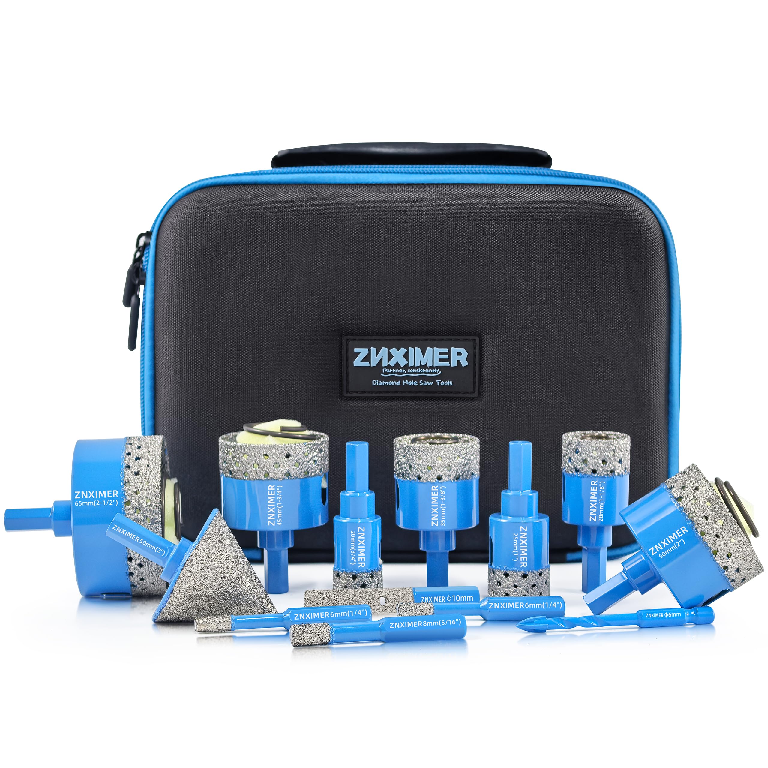 Tile Hole Cutter Set, ZNXIMER Diamond Drill Bits, 13pcs Tile Drill Bits Set 6mm-65mm for Glass, Porcelain Tiles, Ceramic, Granite, Marble, Stone and More Drilling