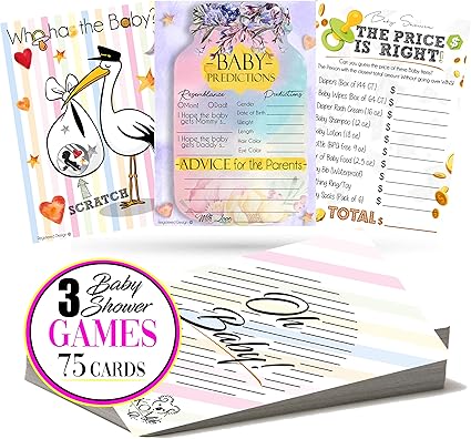 Amazon Com 3 Baby Shower Games 25 Guests Gender Neutral Baby Shower Decorations For Girls Boys Gender Reveal Party Supplies Favors Includes Advice Game Scratch Price Is Right