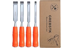 GREBSTK Professional Wood Chisel Set for Woodworking, Sturdy Chrome Vanadium Steel Chisel with Oxford Bag, 4pcs, 1/4", 1/2", 3/4", 1"