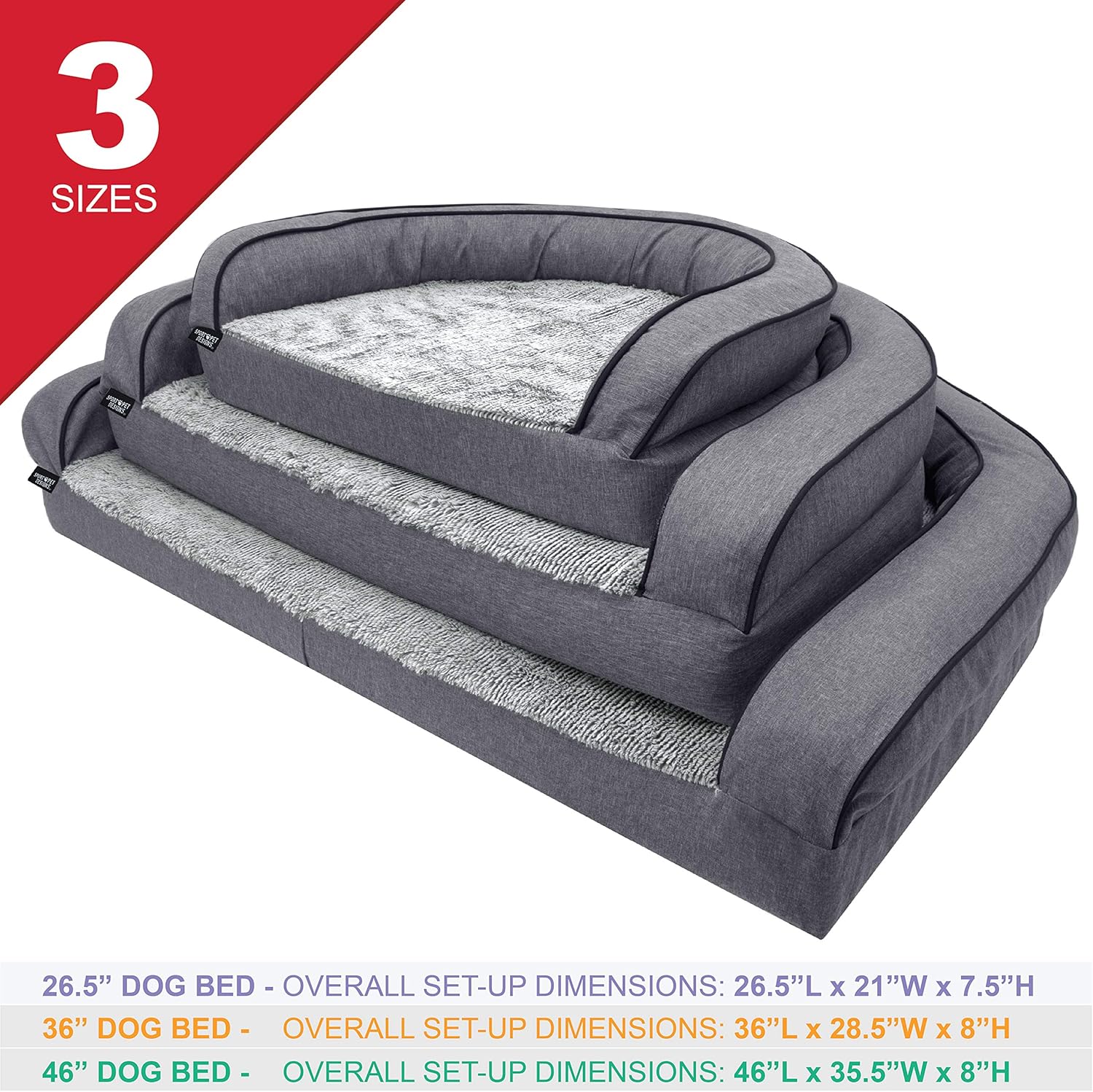 SportPet Designs Luxury Sofa Lounge Pet Bed, Blanket Reversible, Water-Resistant Liner, Top Memory Foam - Large, Gray (CM-10055-CS01) : Pet Supplies
