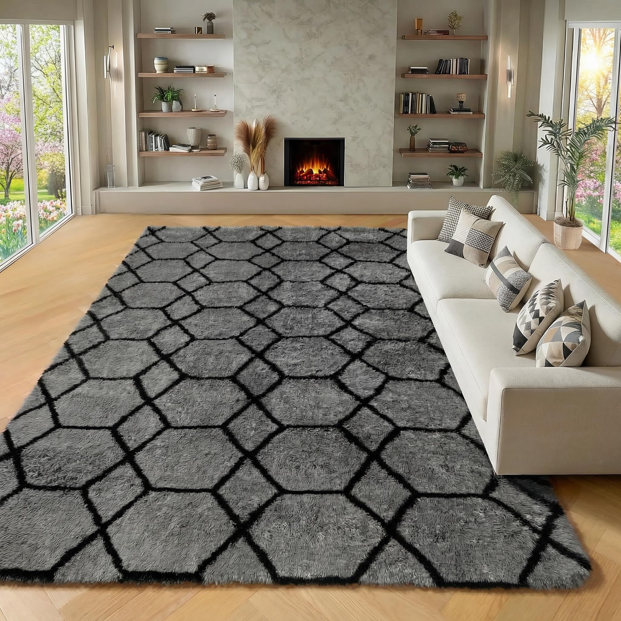 Photo 1 of ONASAR 8x10 Area Rugs for Living Room, Fluffy Grey and Black Bedroom Rug, Geometric Boho Large Soft Plush Shaggy Fuzzy Floor Carpet for Nursery Kids Classroom Playroom Dorm Home Decor