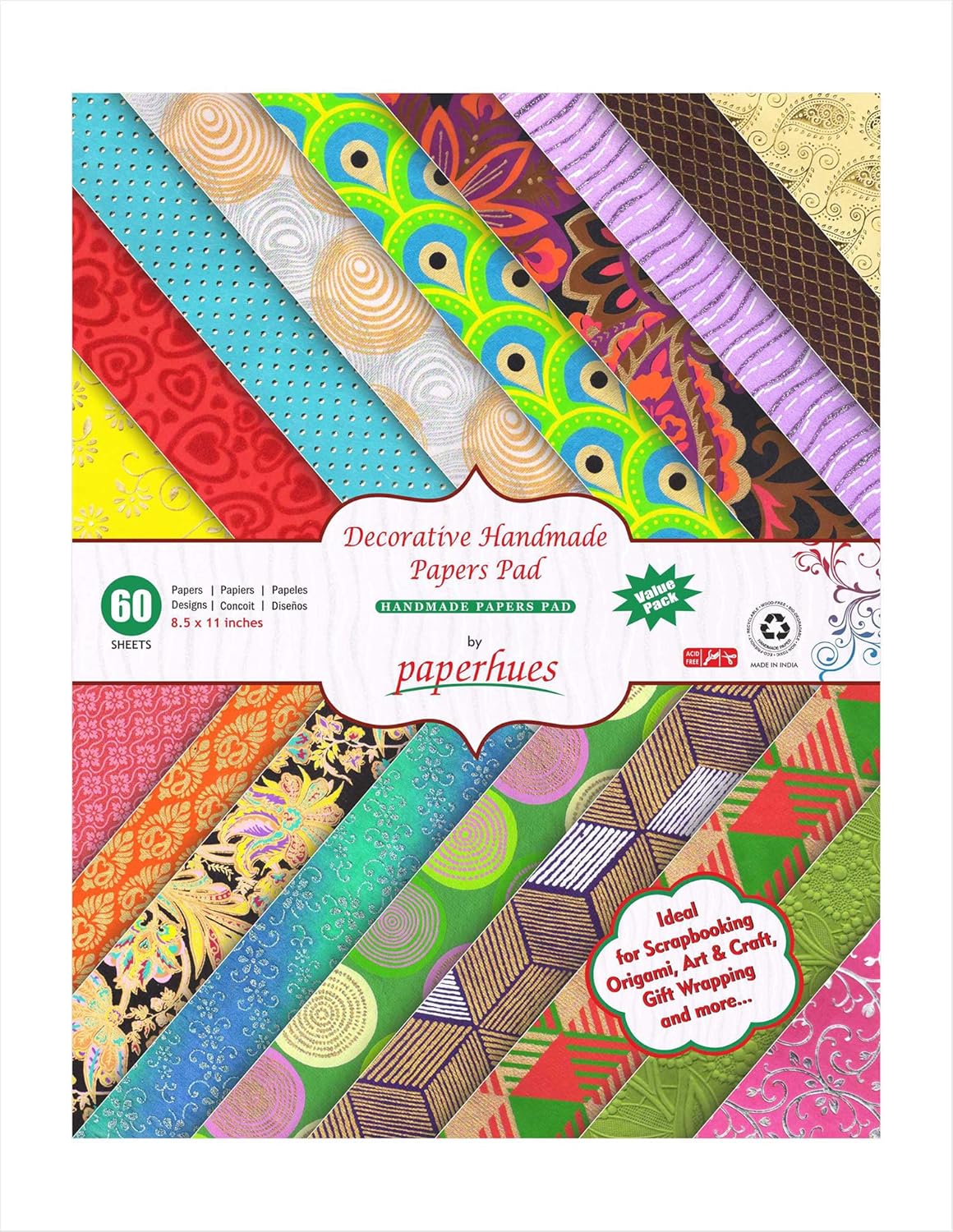 Paperhues Decorative Scrapbook Papers 8.5x11" Pad, 60 Sheets, Assorted Colors.