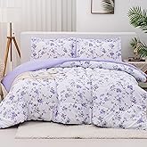 Mooreeke Floral King Size Comforter Sets, Lightweight Purple Lavender Botanical Printed Bedding for All Seasons, 3-Piece Vintage Bed in a Bag with Fluffy Quilted Reversible Comforter & 2 Pillow Shams