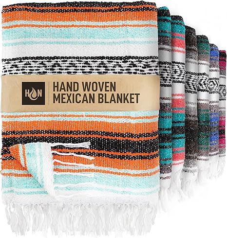 Amazon Com Handcrafted Mexican Blankets Artisanal Handwoven Serape Blanket Authentic Falsa Blanket Great As Beach Blanket Camping Blanket Picnic Blanket Outdoor Blanket Boho Throw Blankets Mint Orange Kitchen Dining