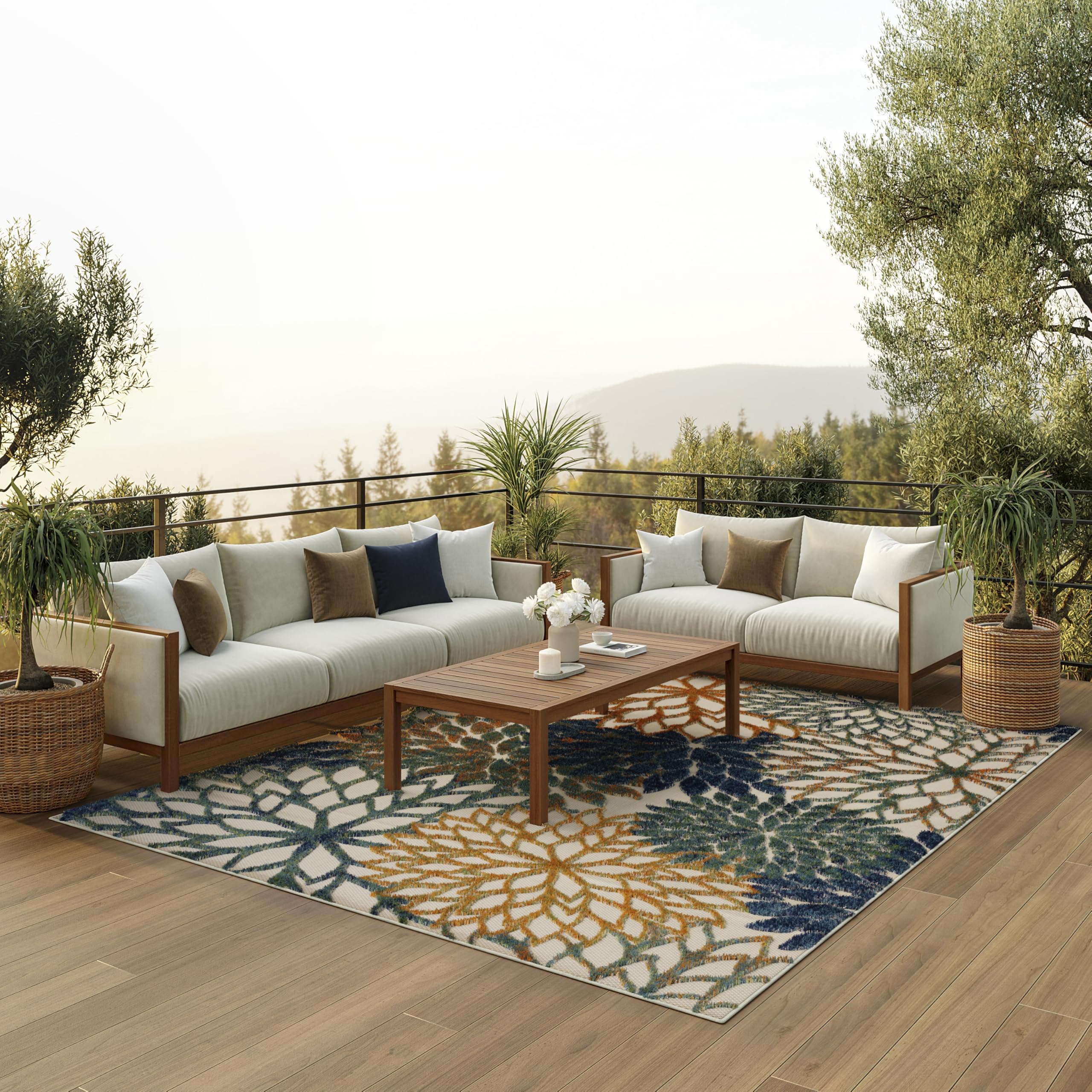 Nourison Home Aloha Indoor Outdoor Blue Green 6' x 9' Area Rug, Easy Cleaning, Non Shedding, Bed Room, Living Room, Dining Room, Backyard, Deck, Patio (6x9) Image