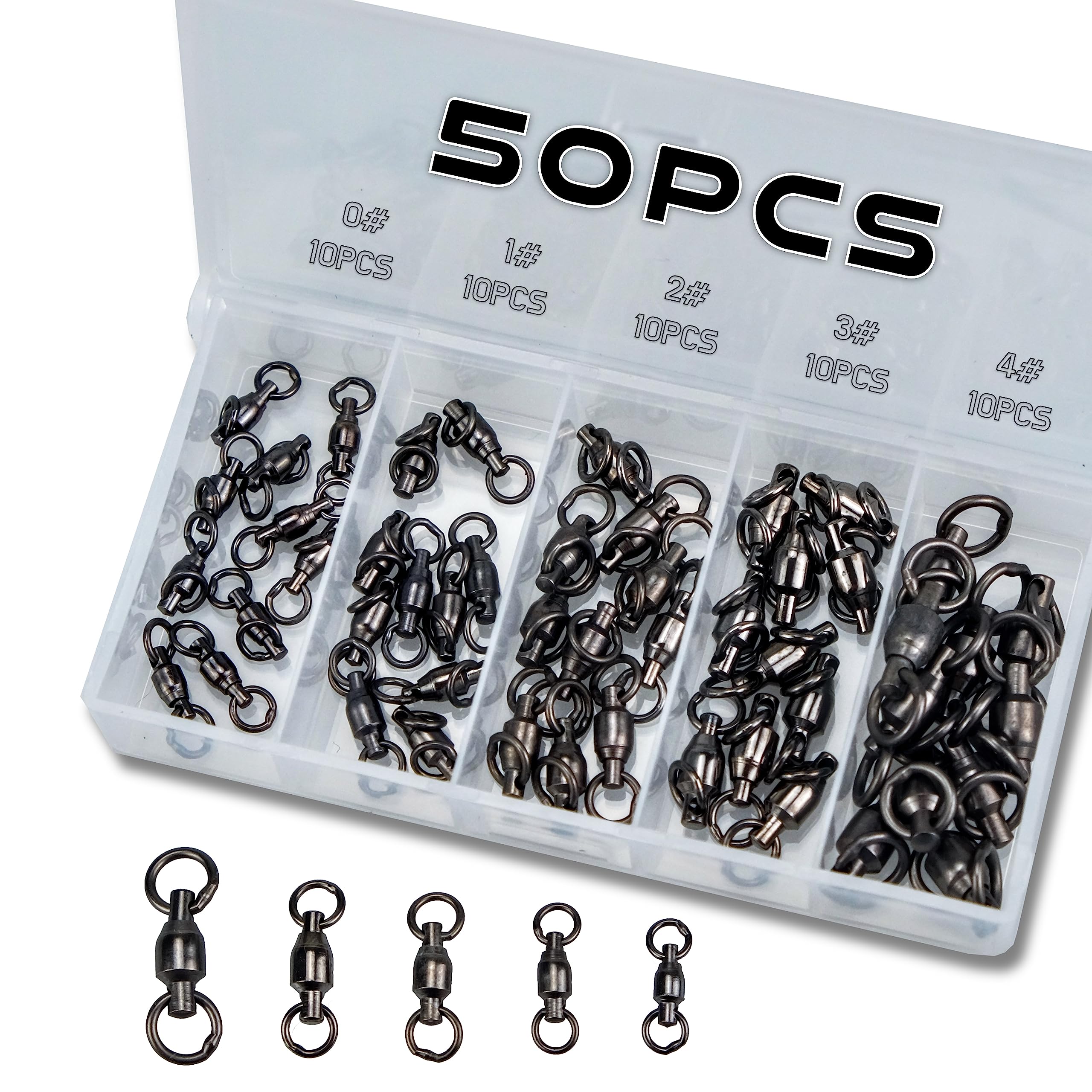 Piscorush 50pcs Ball Bearing Swivels Set Copper Swivels Barrel Swivels Stainless Split Ring High Strength Saltwater Fishing Swivels Hooks Connectors (#0#1#2#3#4, 10pcs Each with Box)