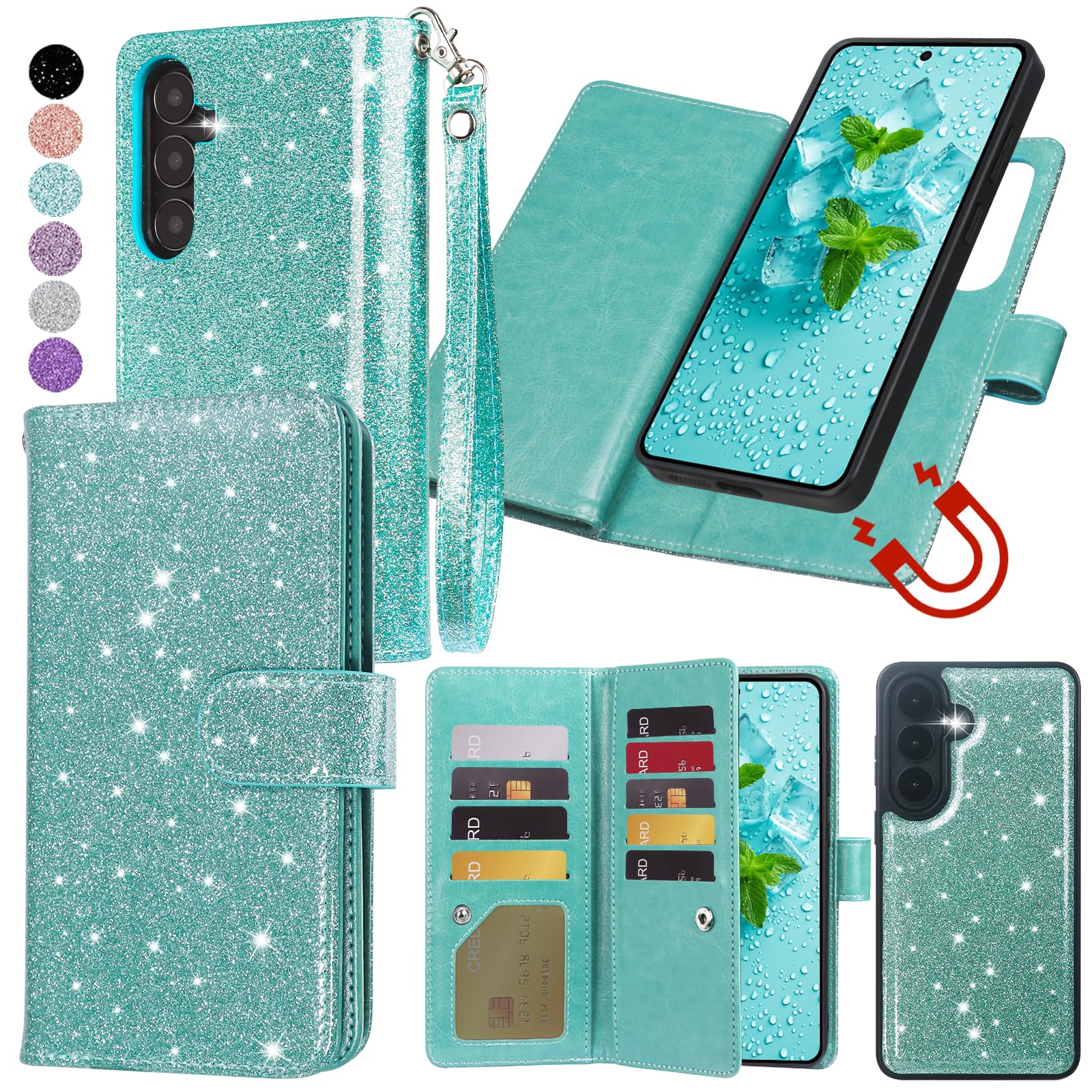 Varikke for Galaxy S26 Wallet Case Detachable with RFID Blocking Card Holder for Women, Glitter Leather Strap Magnetic Flip Wallet Removable Phone Case Cover for Samsung Galaxy S26 6.3", Mint Green