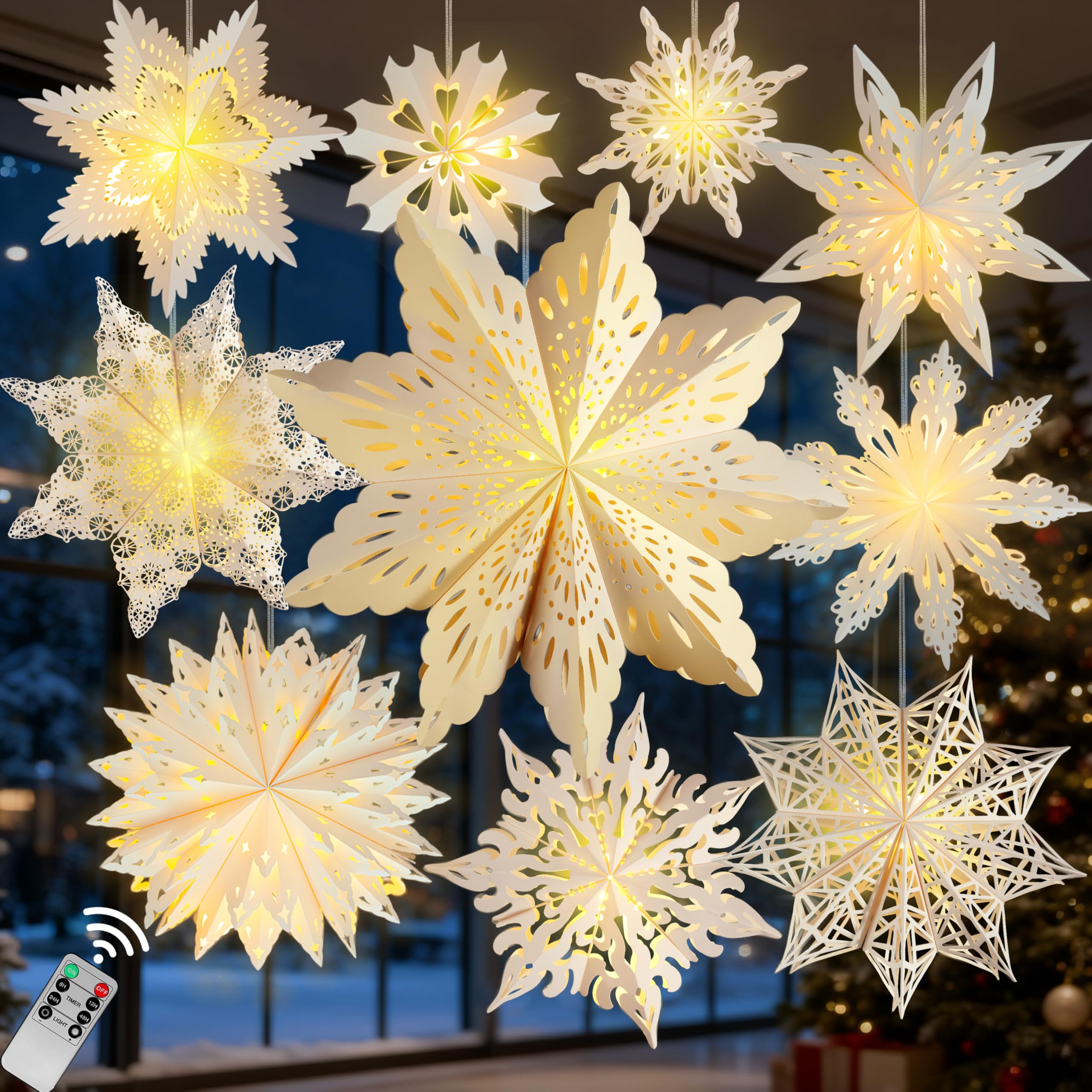 Photo 1 of 10 Pcs Christmas Paper Snowflake Lanterns, Large Christmas Paper Star Lanterns with LED Lights White Hanging Snowflake Lamp Ornaments for Xmas Winter Frozen Weddings Birthday Holiday Party Decorations