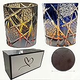 suigetsu Crystal Cut Whiskey Glass, Blue and Amber Geometric Pattern, Vintage Style Old Fashioned Glass Set of 2 (starry night 2)