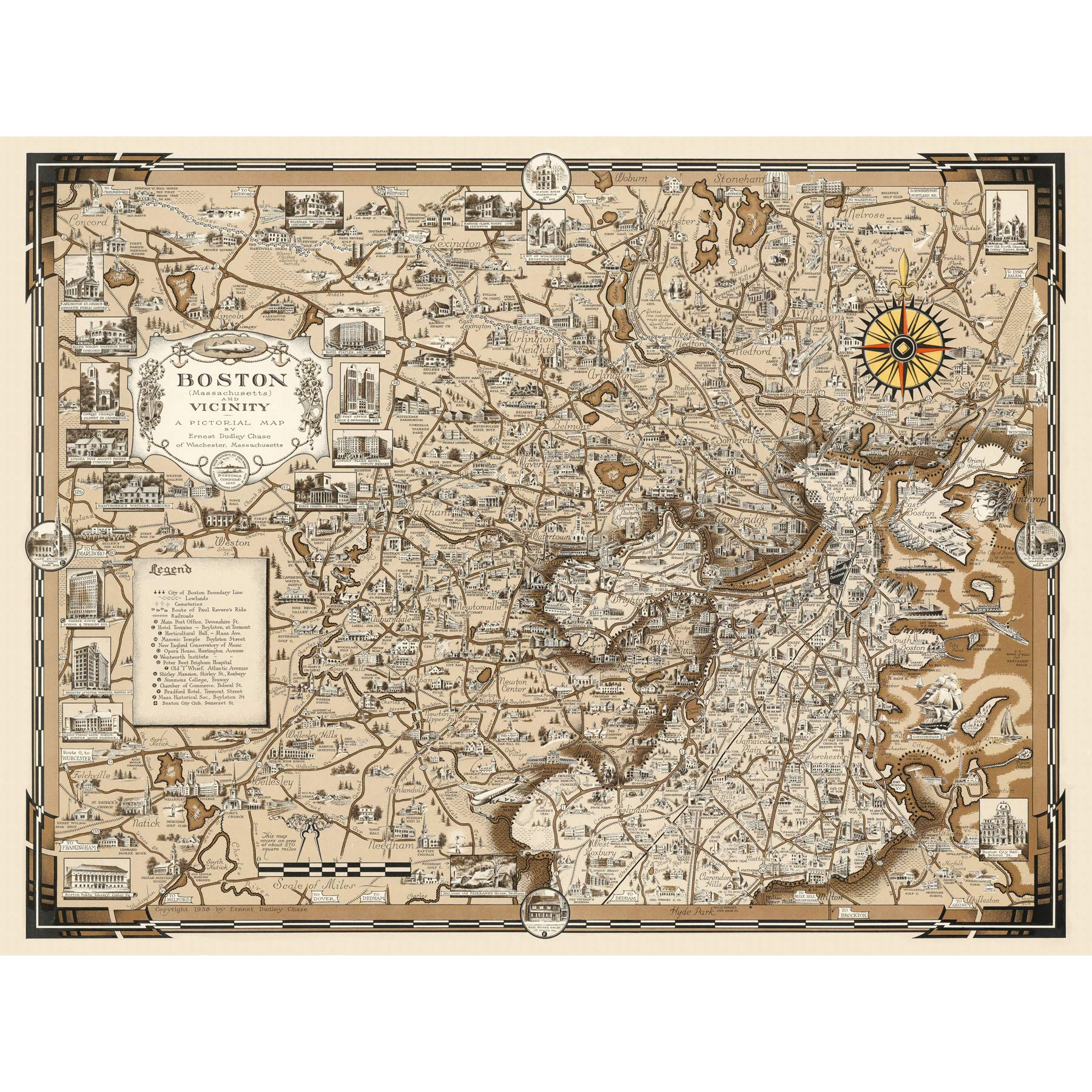 Artery8 1938 Ernest Dudley Chase Map Boston Massachusetts Large Wall Art Poster Print Thick Paper 18X24 Inch