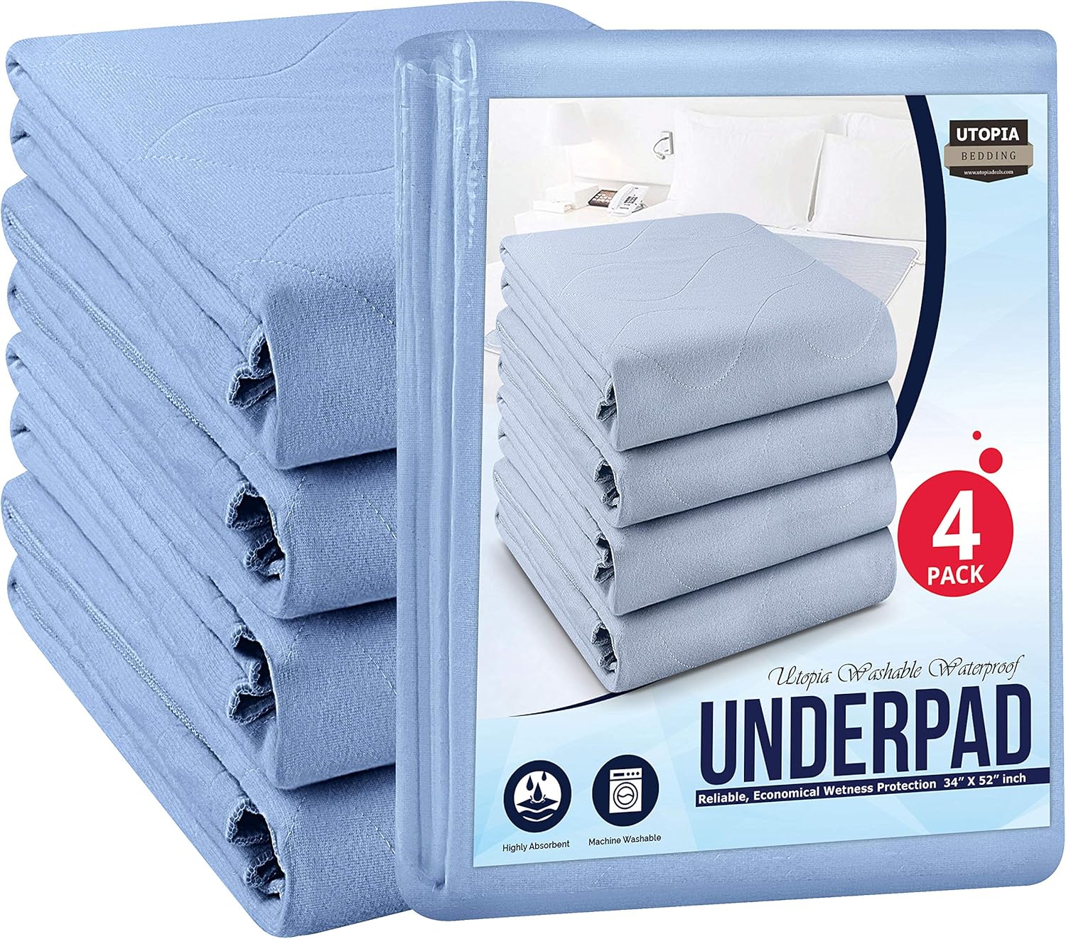 Utopia Bedding Waterproof Incontinence Underpads 34" x 52" (Pack of 4) - Washable and Reusable Bed Pads - Quilted and Absorbent Protector Pads for Adults and Kids (Blue): Health & Personal Care