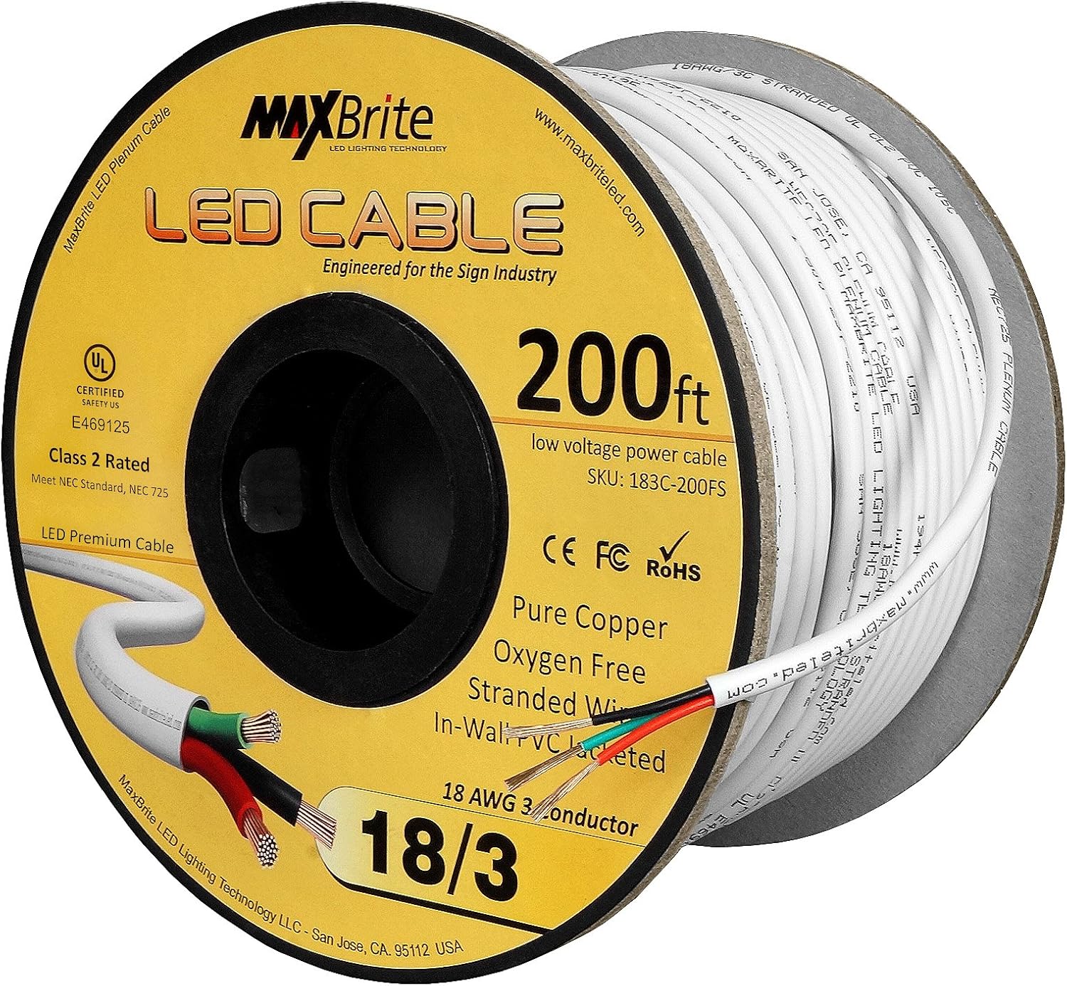 18AWG Low Voltage LED Cable 3 Conductor White Sleeve in-Wall Speaker Wire UL/cUL Class 2 (100 ft Reel): Home Audio & Theater