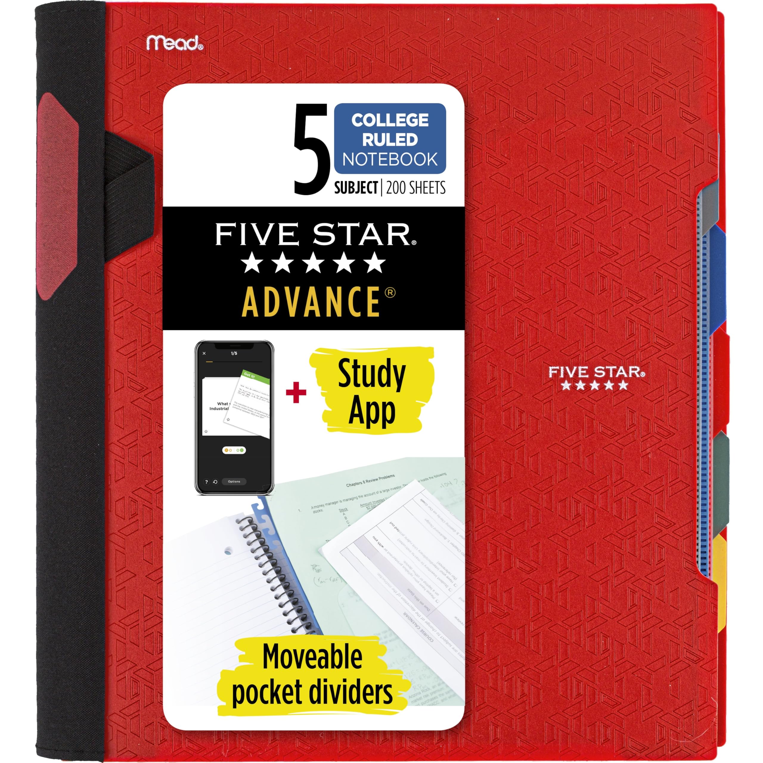 Five Star Spiral Notebook + Study App, 5 Subject, College Ruled Paper, Advance Notebook with Spiral Guard, Movable Tabbed Dividers and Expanding Pockets, 8-1/2" x 11", 200 Sheets, Red (73146)