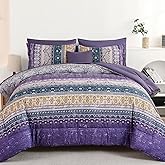 Cottolester Boho King Size Comforter Set 8 Pieces, Violet Bohemian Striped Bed in a Bag, Paisley Soft Microfiber Bedding Comforter Set
