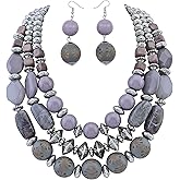 Bocar 3 Layer Chunky Statement Beaded Necklace and Earrings Set, Fashion Multi Layer Women Collar Necklace Jewelry Set