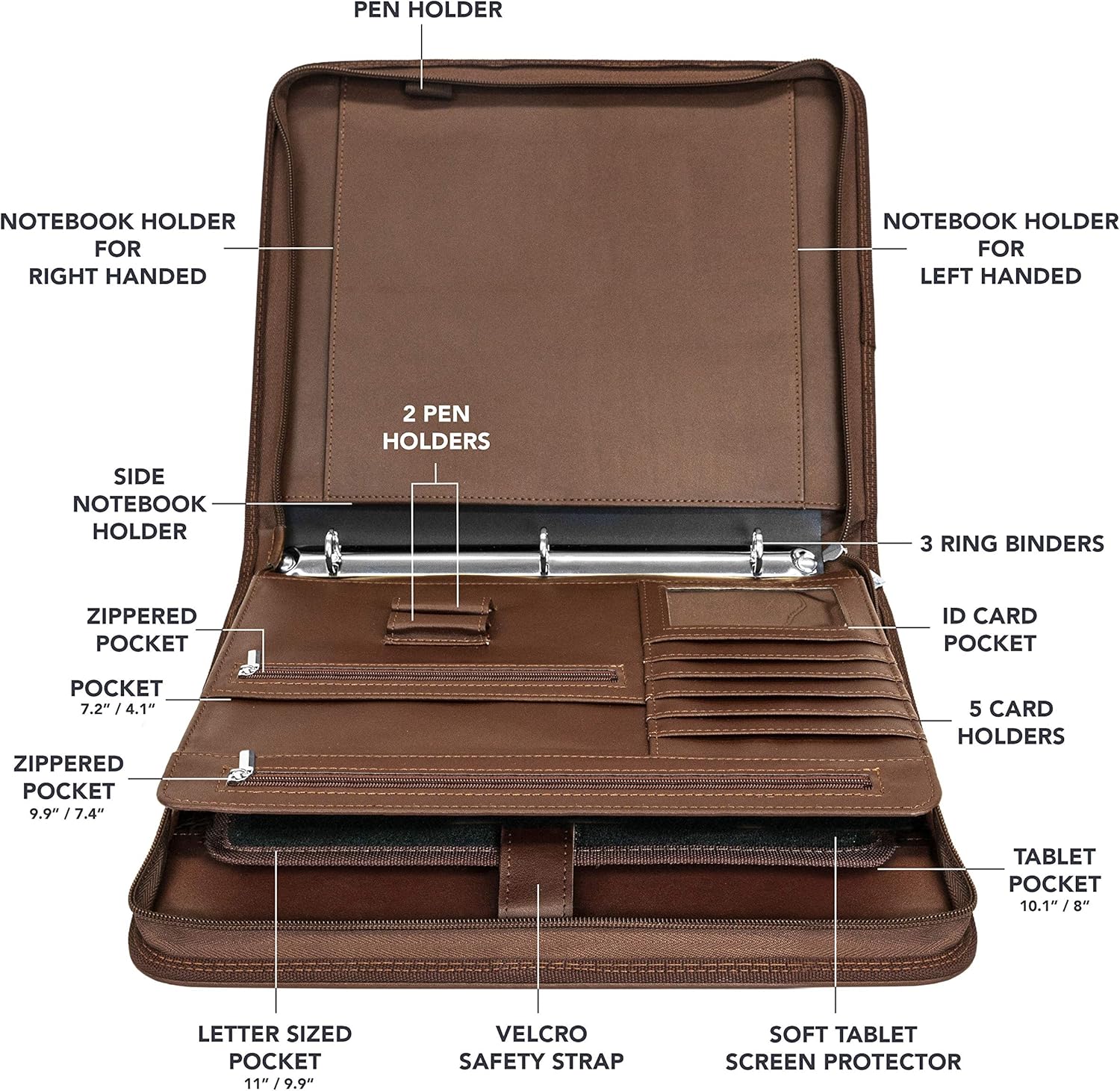 Wundermax Portfolio Padfolio 3 Three Ring Binder Document Organizer Vegan Leather Folder with Handle Legal Size Writing Pad Zipper 10.1 Inch Ipad Case Designer Business Planner for Men Women Brown : Office Products