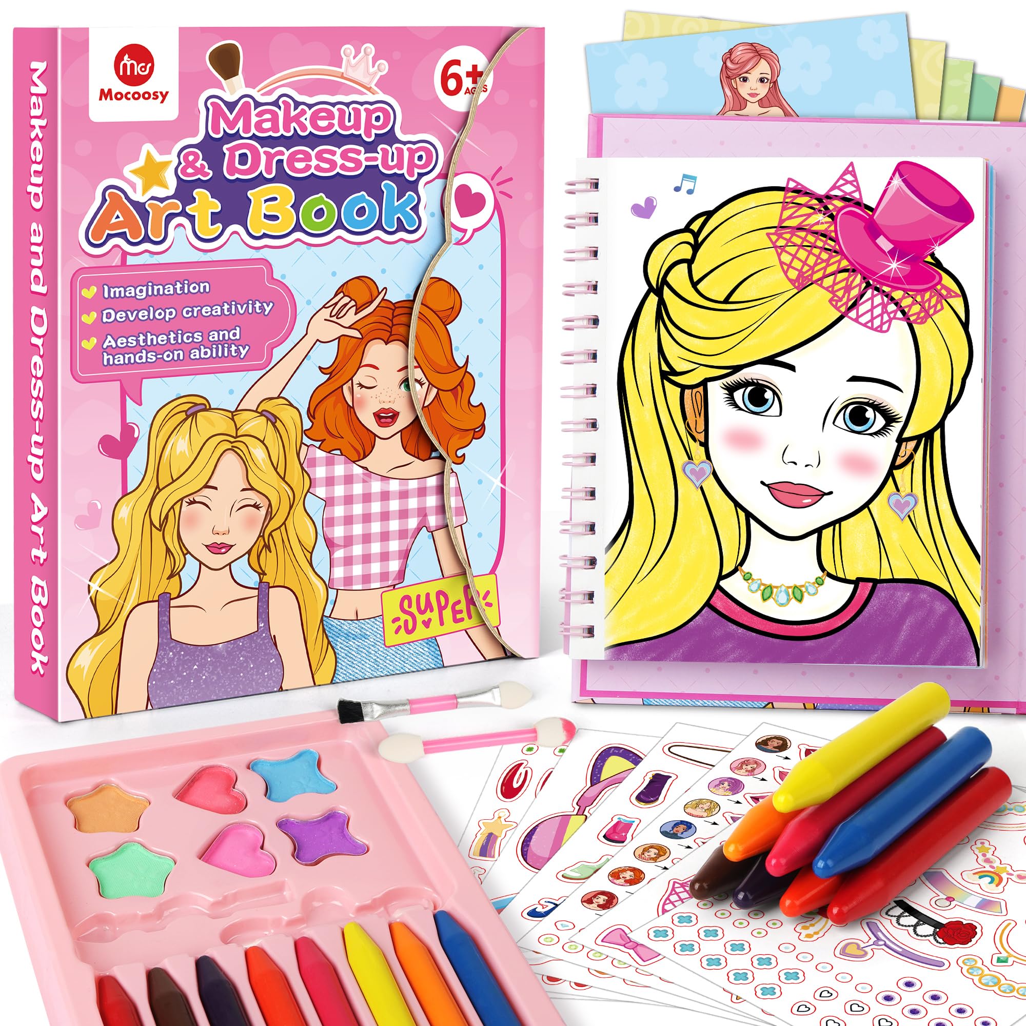 Mocoosy Makeup Art Craft for Kids Ages 4-8, Pretend Play Makeup Coloring Activity Book with Stickers, Fashion Design Sketchbook, Travel Game Airplane Car Road Trip Toy Easter Gift for Girls 5 6 7 8 9