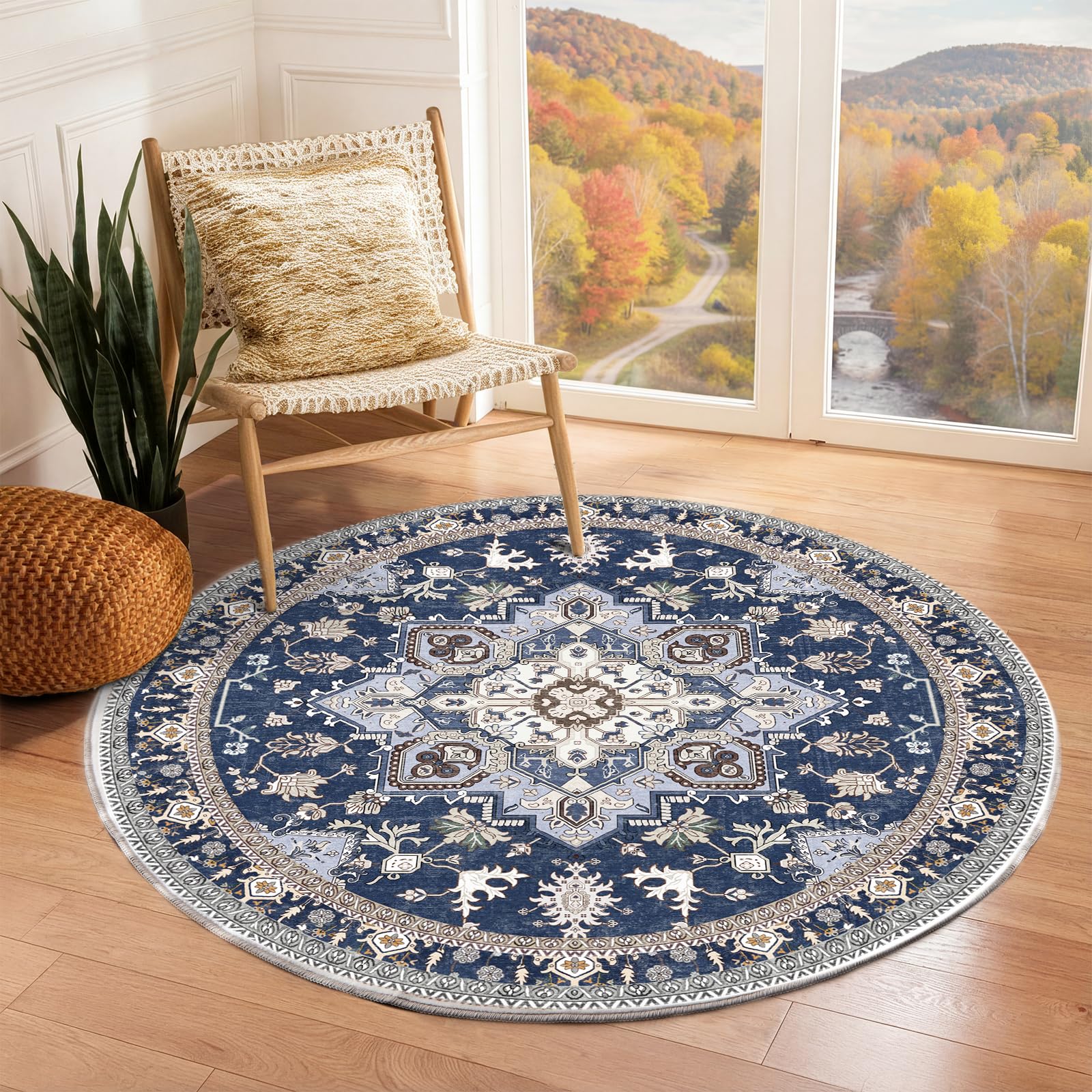 OPPODREAM Soft Round Rug 4ft, Washable Circle Rug 4ft with Non Slip Backing Play Room, Low-Pile Carpet 4 ft, Small Faux Cashmere Throw Carpet, Navy Blue & Gold Image