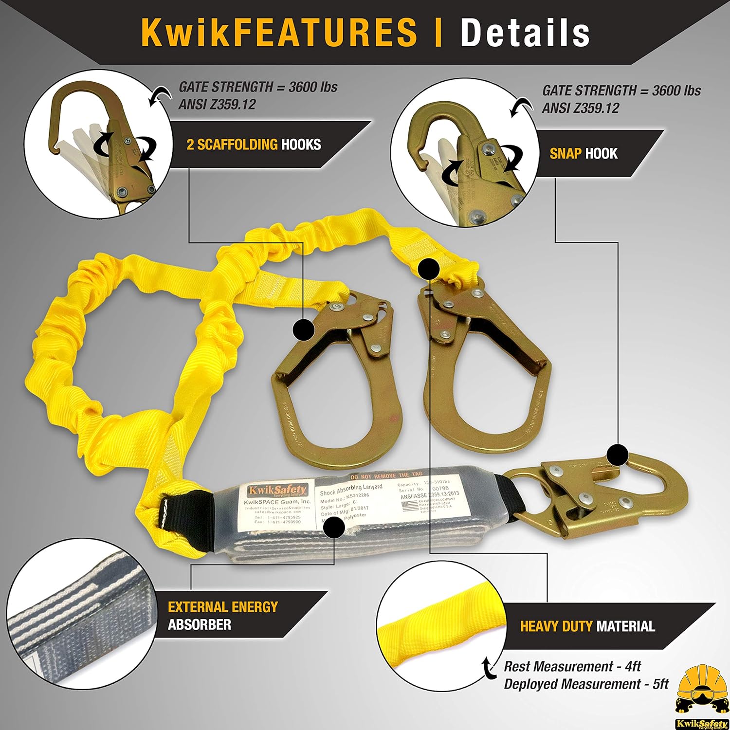KwikSafety (Charlotte, NC) PYTHON | Double Leg 6ft Tubular Stretch Safety Lanyard | OSHA ANSI Fall Protection | EXTERNAL Shock Absorber | Construction Arborist Roofing | Snap & Rebar Hook Connector - - 