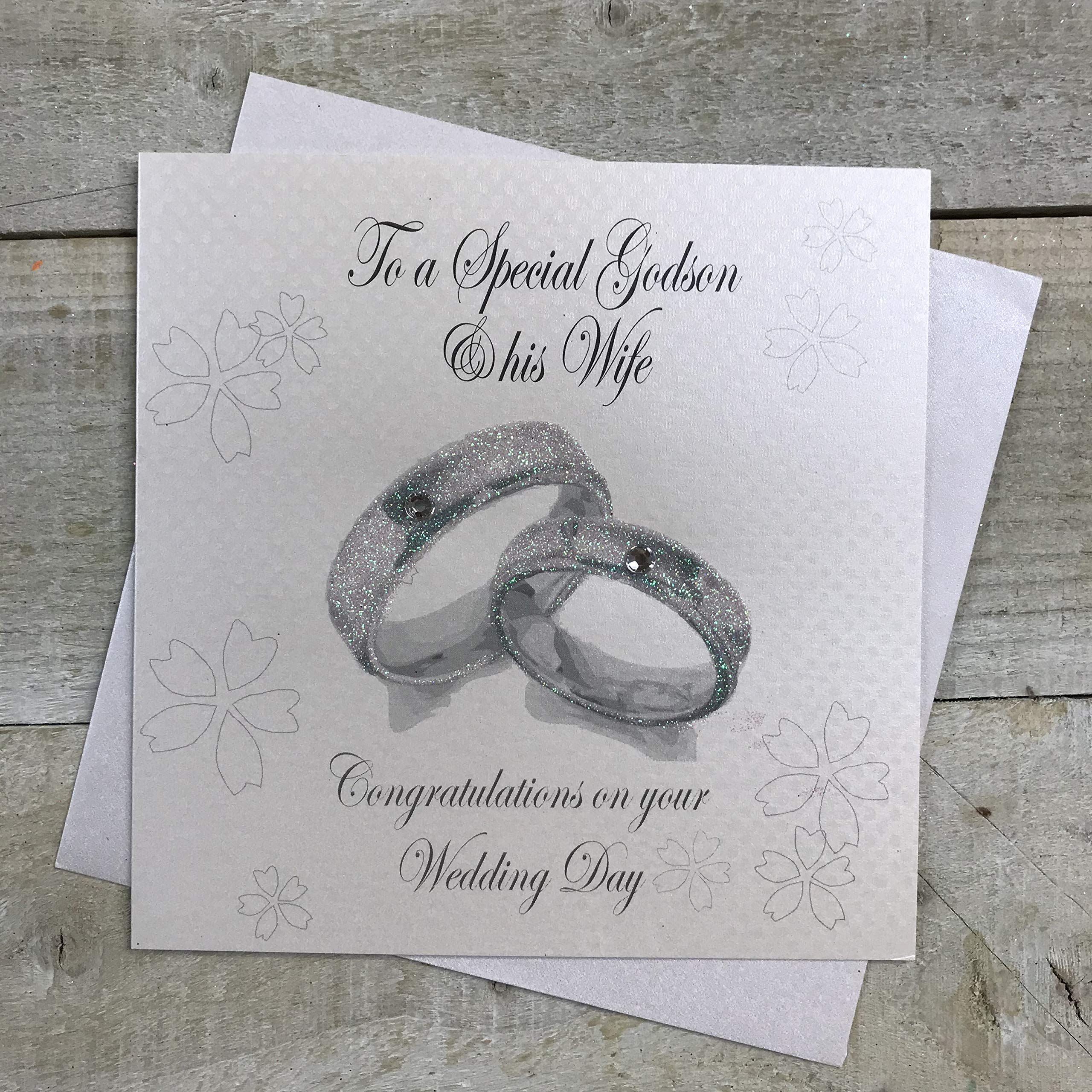 white cotton cards Handmade To a Special Godson & His Wife Congratulations On Your Wedding Day Wedding Bands Card, White, PD250