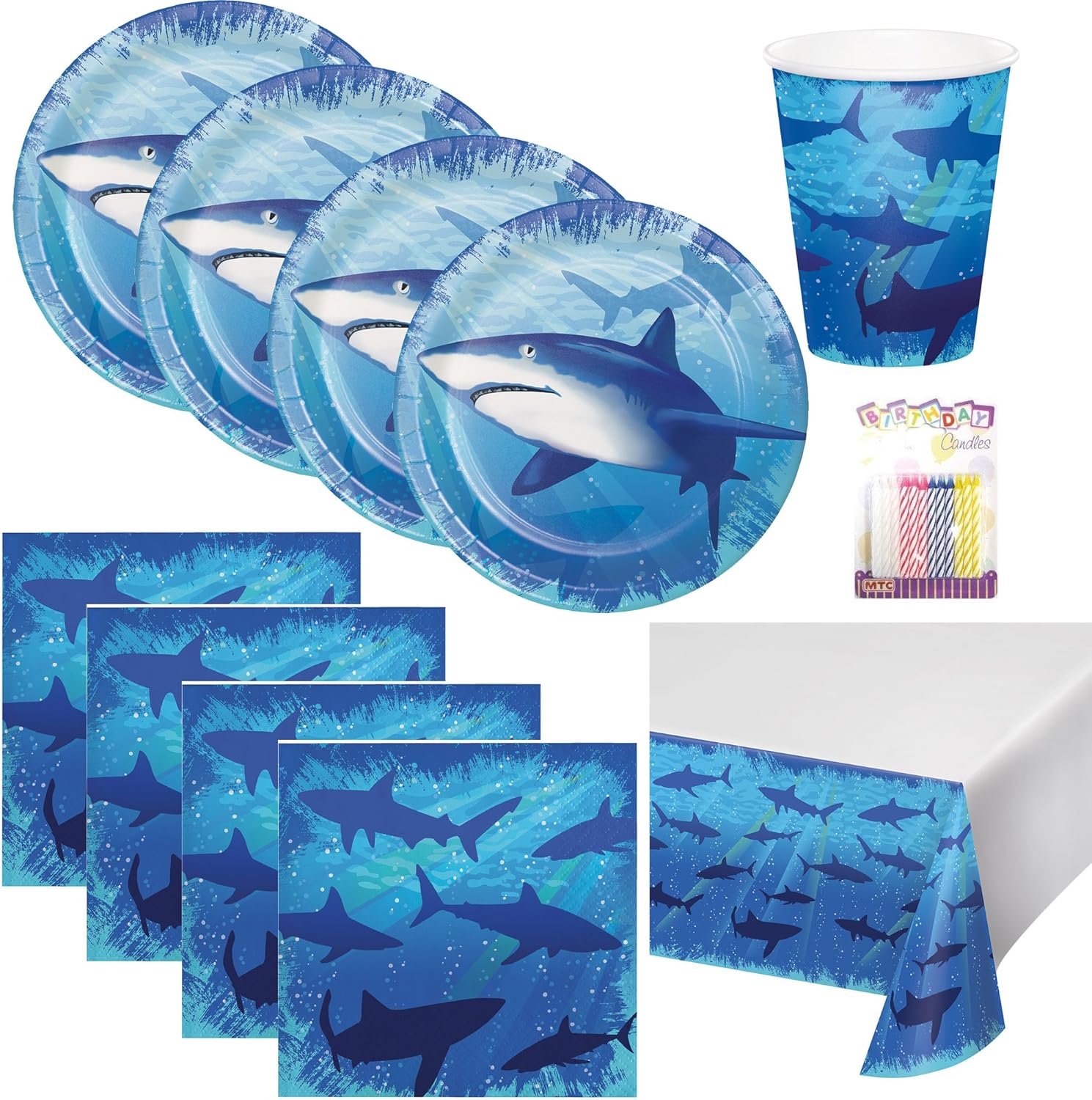 Shark Splash Party Supplies Pack Serves 16: Dessert Plates, Beverage Napkins, Cups, and Table Cover with Birthday Candles (Bundle for 16)
