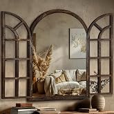 LAWADA Farmhouse Window Mirror for Wall, 40&rdquo;x28&rdquo; Rustic Vintage Arch Mirror | Wood Window Frame, HD Tempered Glass, Arched decorative mirror for wall decor, Living Room, Entryway, Bedroom, Brown