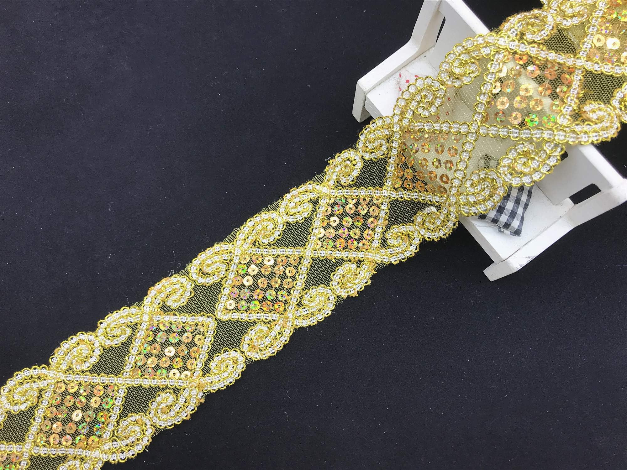 6CM Width Bead Belt Pattern Inelastic Embroidery Lace Trim,Curtain Tablecloth Slipcover Bridal DIY Clothing/Accessories.(5 Yards in one Package) (Gold)