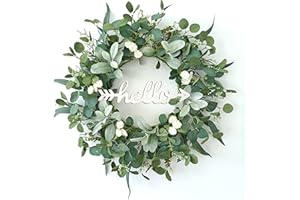 TOKCARE 22 Inch Eucalyptus Wreath with Hello Sign, Spring Summer Wreaths for Front Door Green Winter Wreaths for Front Door Windows,Porch,Fireplace,Indoors and Outdoor Home Decoration