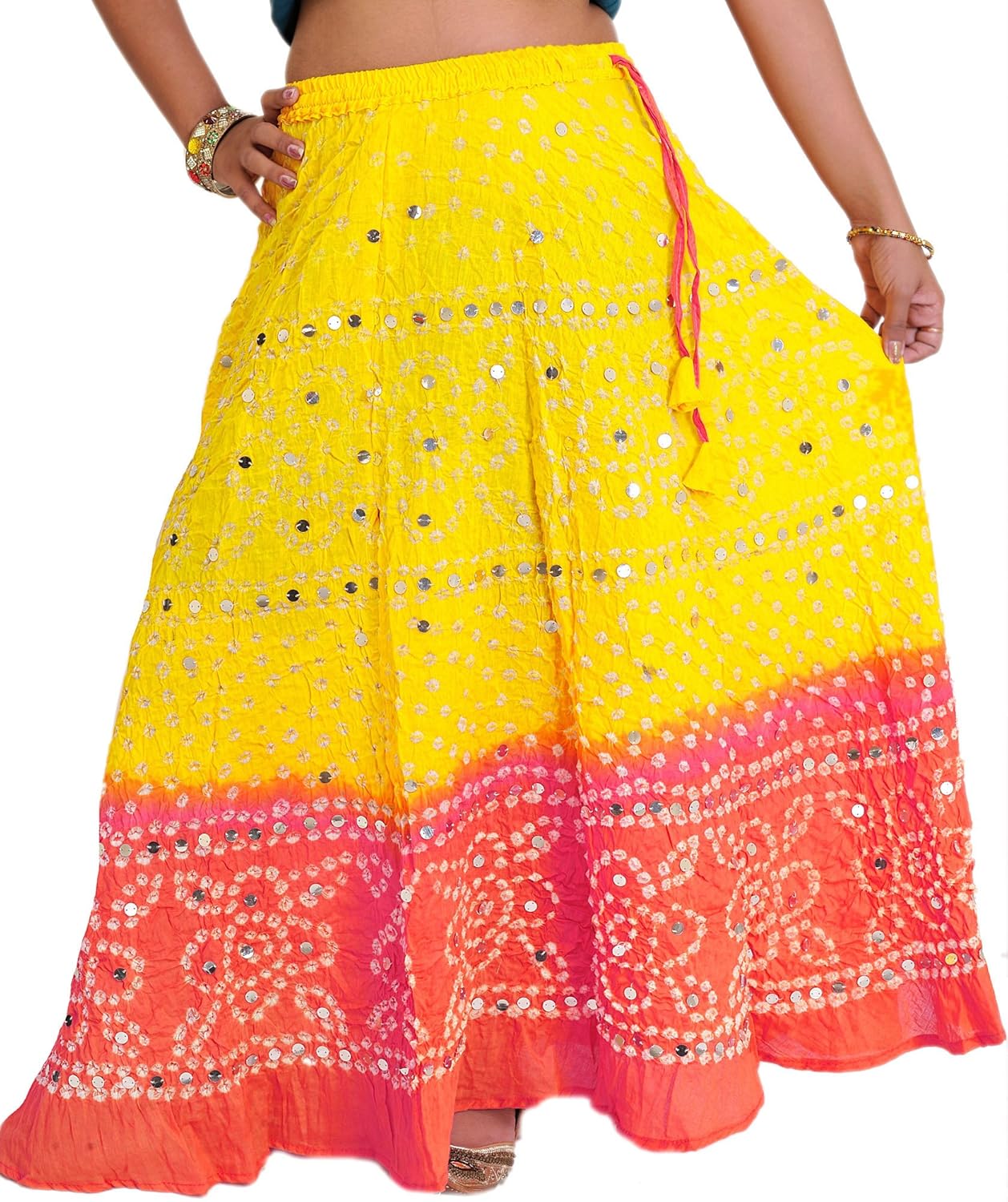 exotic india bandhani tie-dye skirt from jaipur with large sequins