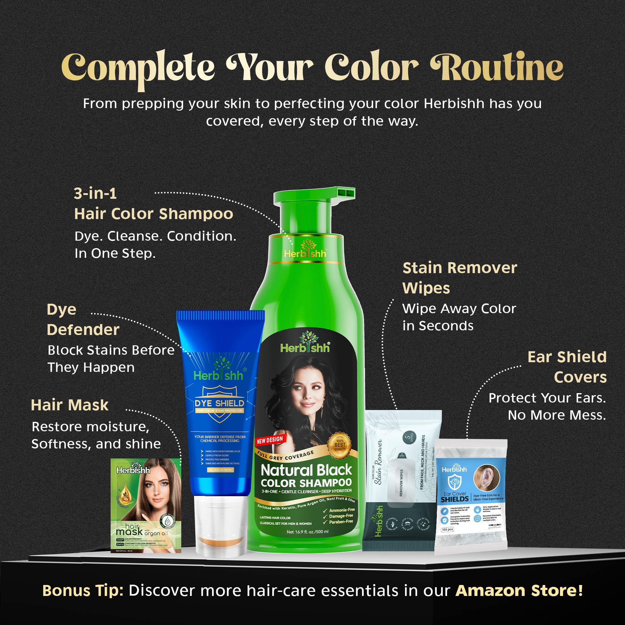 Herbishh Hair Color Shampoo for Gray Hair – Natural Hair Dye Shampoo – Colors Hair in Minutes – Lasts Up To 3-4 Weeks – 500ML – 3-In-1 Hair Color – Colors, Cleanses, and Conditions (Black)