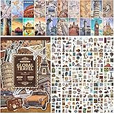 Auguro Scrapbook Stickers - 300 Pre-Cut Washi Stickers &amp; 20 Scrapbook Papers for Travel Journaling