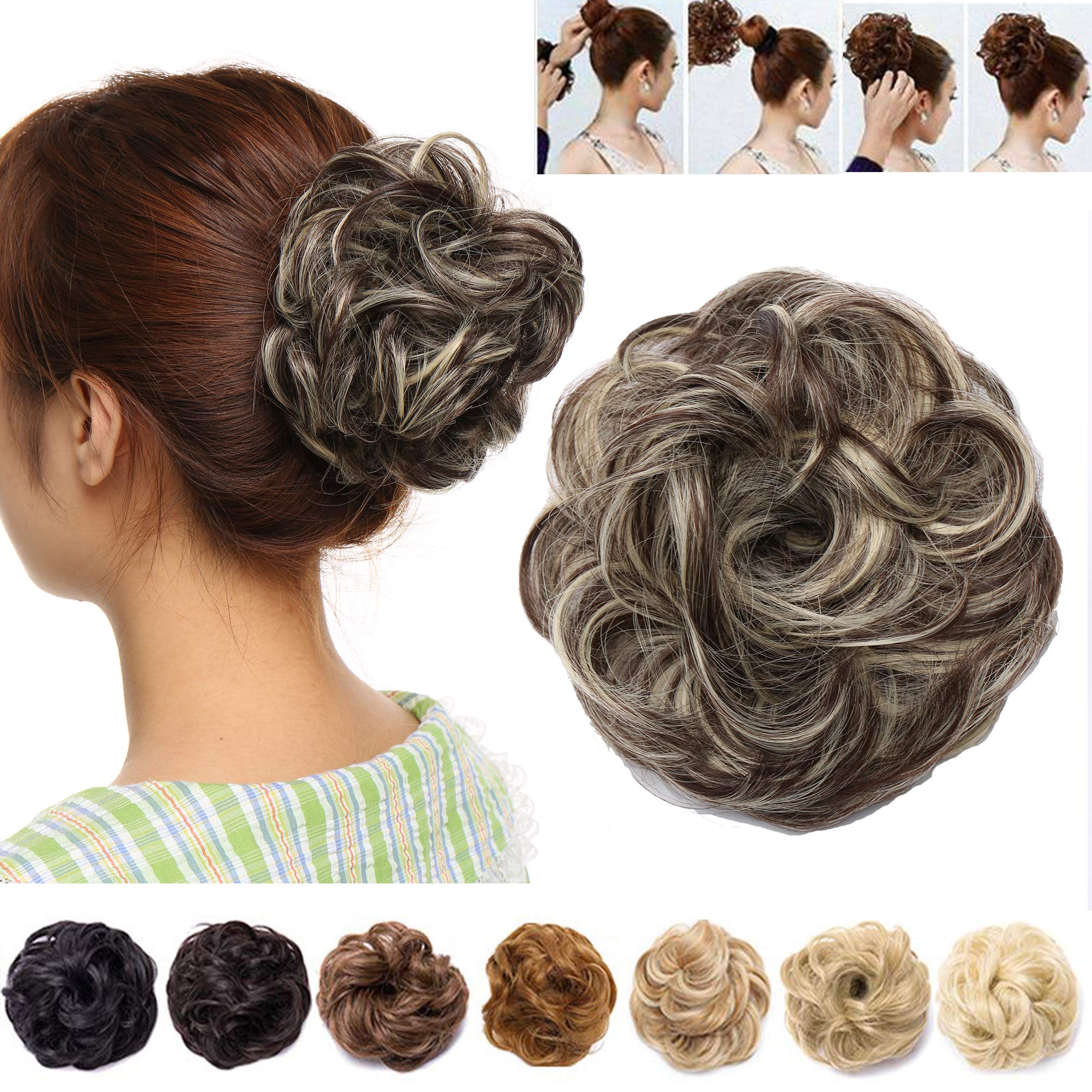 Messy Hair Bun Synthetic Extension Scrunchy Donut Curly Wavy Updo Elastic Scrunchie Thick Full Wedding Hair Pieces Bridal Hairpiece Easy Bun Updos Chignon for Women Kids Grey Blonde Highlight