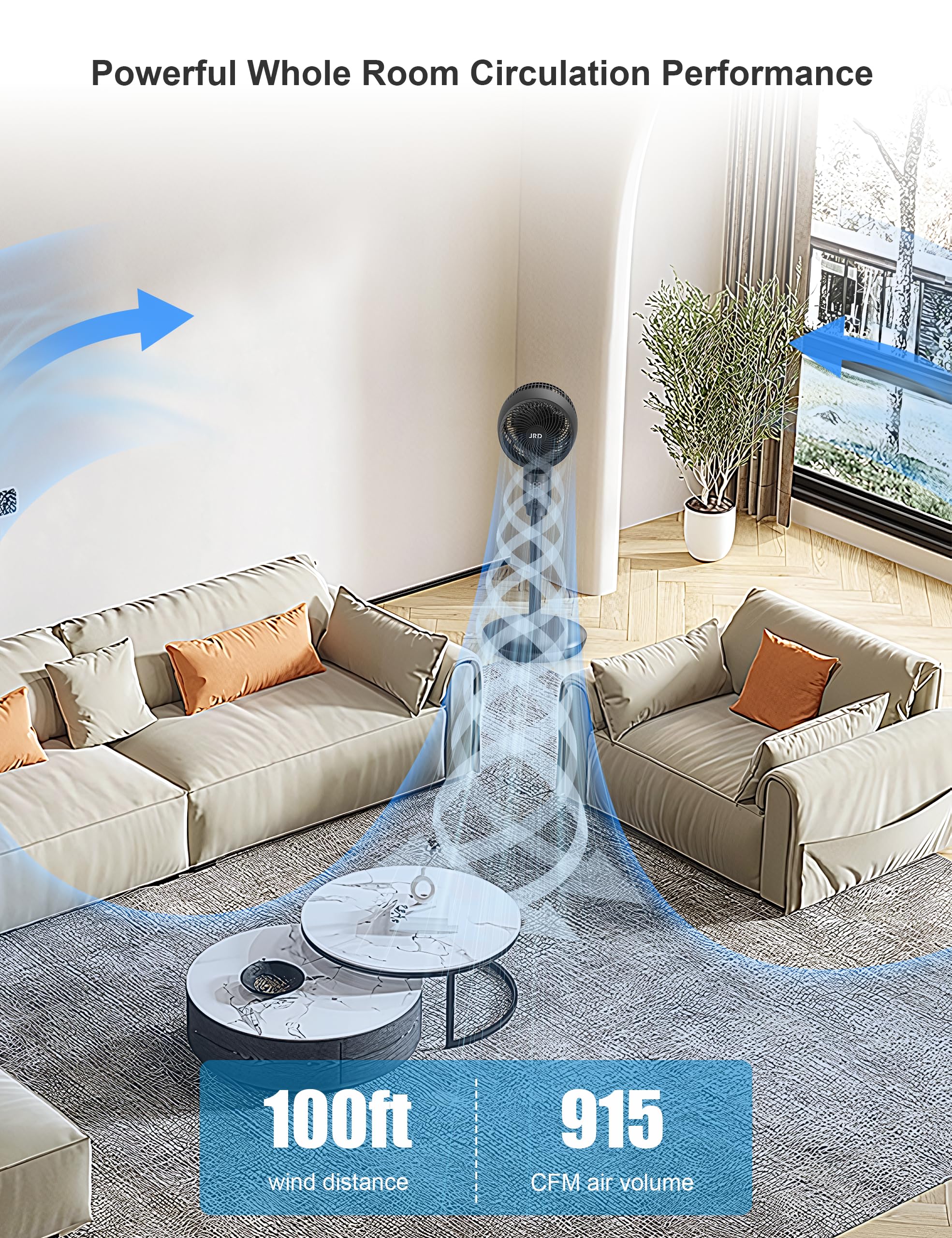 JRD Fan for Bedroom, 70° Oscillating Standing Fans, Quiet Floor Fan, 100ft Pedestal Fans for Room, 6 Speeds, 3 modes,90° Manual Vertical, 19-38