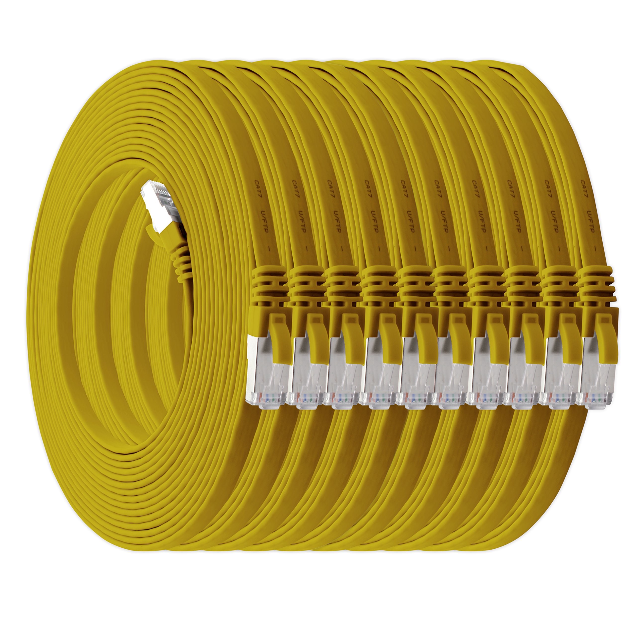 1aTTack.de 7.5 m - yellow - pack of 10 Cat7 flat cable network cable Cat 7 raw cable Gigabit Lan (10Gbit/s) ribbon cable installation cable patch cable flat slim Rj 45 plug Cat6a