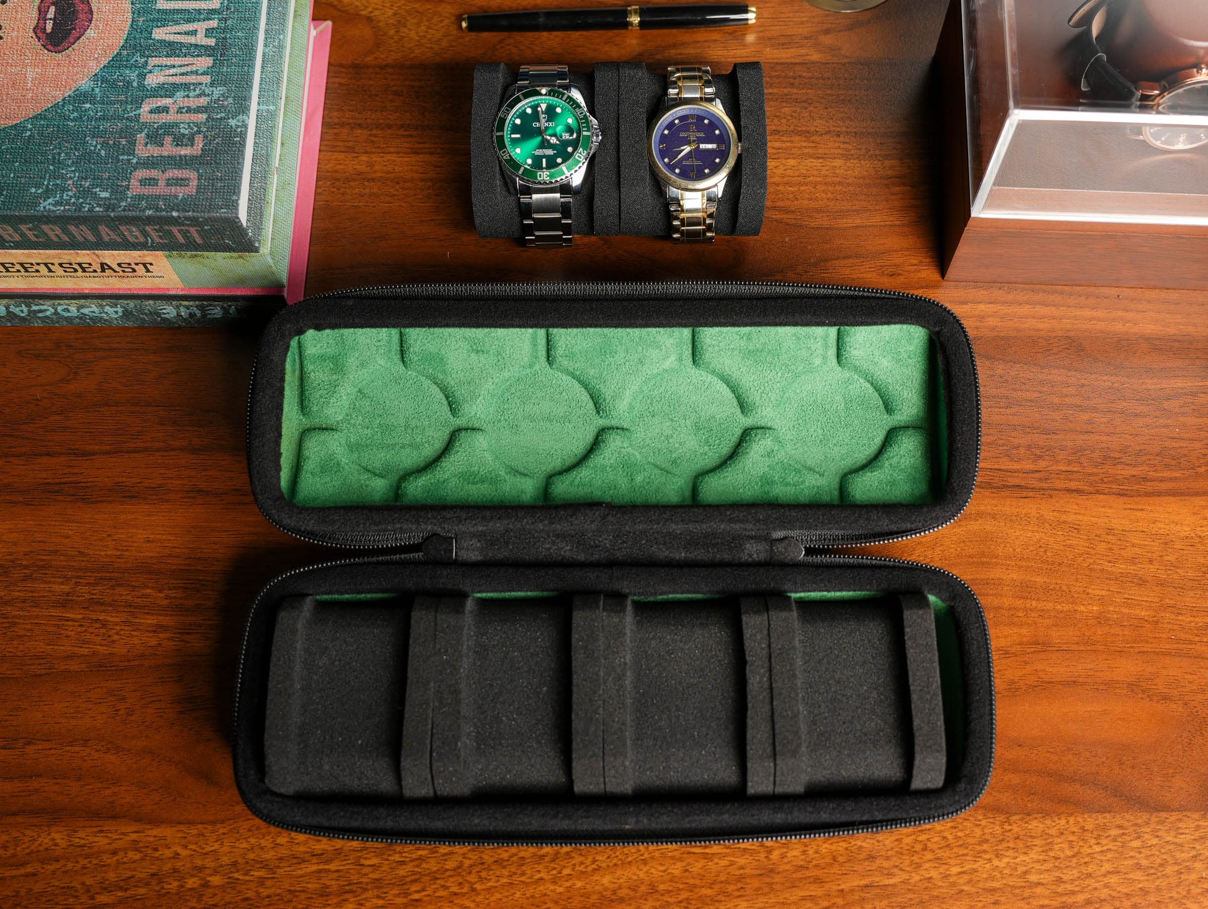 4 slots watch travel case roll, hard watch box storage organizer with soft foam pillows, fit up to 55mm face size watch(green microfiber lining)