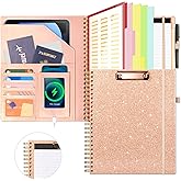 Ospelelf Clipboard with Storage for Women, Leather Padfolio Portfolio Organizer 5 Folders with 10 Pockets, Spiral Clipboard Folio with Notepad for Letter Size, Elastic Closure and Pen Loop Rose Gold
