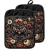GOOZHO Vintage Dark Gothic Moth Floral Pot Holders with Pockets, Dark Academia Mystical Goth Butterfly Flower Oven Pot Holders Heat Resistant Oven Mitts Hot Pads for Kitchen Baking Cooking