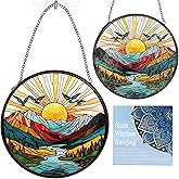 Mountain Sunrise Stained Glass Window Hanging, Housewarming Gift Nature Landscape Suncatcher with Metal Chain and Hooks, Sun Catcher Glass Art for Indoor Window Decor