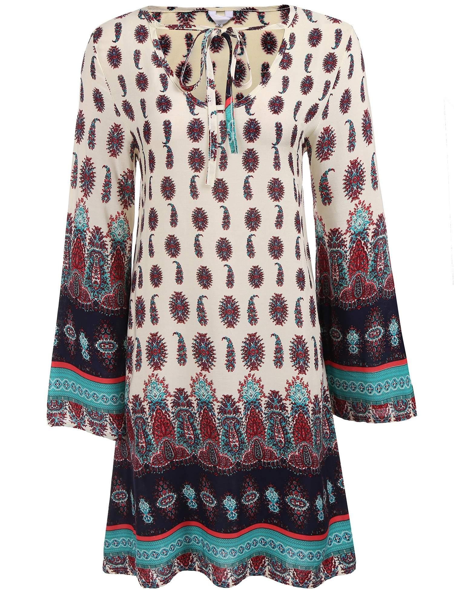 Meaneor Women Bohemian Vintage Printed Ethnic Style Loose Casual Tunic Dress Beige L