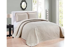 ELEGANT HOME DECOR Elegant Home Beautiful Over Sized Beige Solid Color Embossed Floral Striped 3 Piece King/California King Size Coverlet Bedspread (King/Cal-King, Beige)
