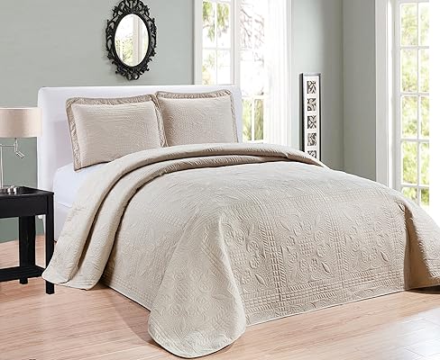 Elegant Home Beige Embossed Floral Striped Twin/Twin XL Bedspread