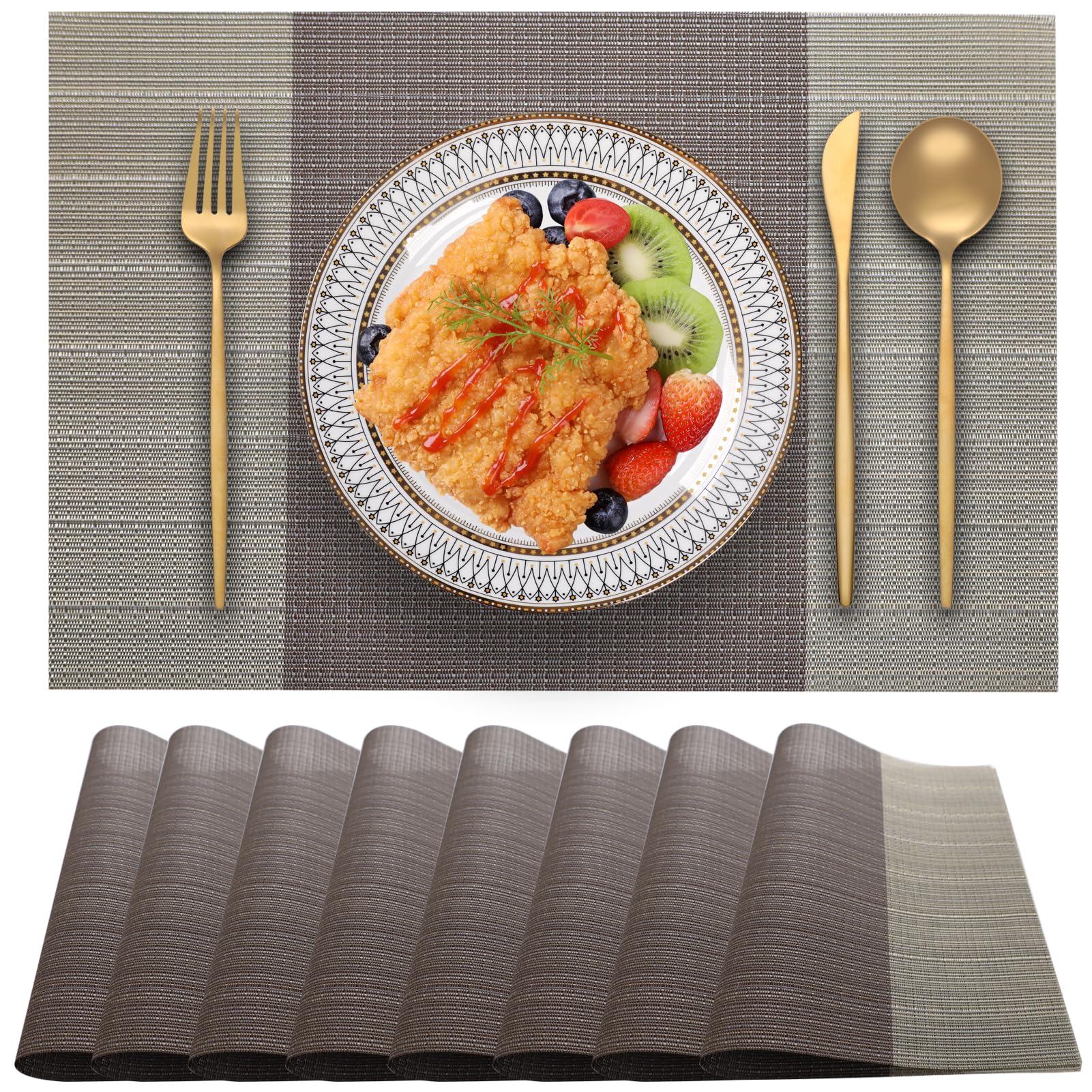 Blibalaskr Place Mats,Table Mats set of 8,Washable Non-Slip Placemats,Heat-resistant PVC Placemat,Suitable for kitchen,dining room,indoor outdoor (Coffee Brown)