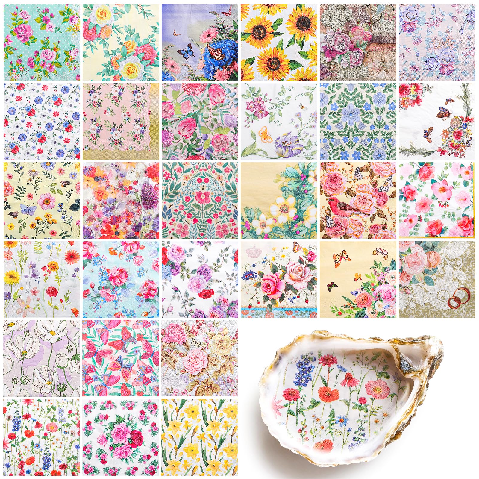 NatNarr 30 Pack Decoupage Napkins, 30 Styles Assorted Floral Napkins Decorative Decoupage Toile Napkin Floral Cocktail Napkin for DIY Crafting Spring Party, 13 * 13 Inch