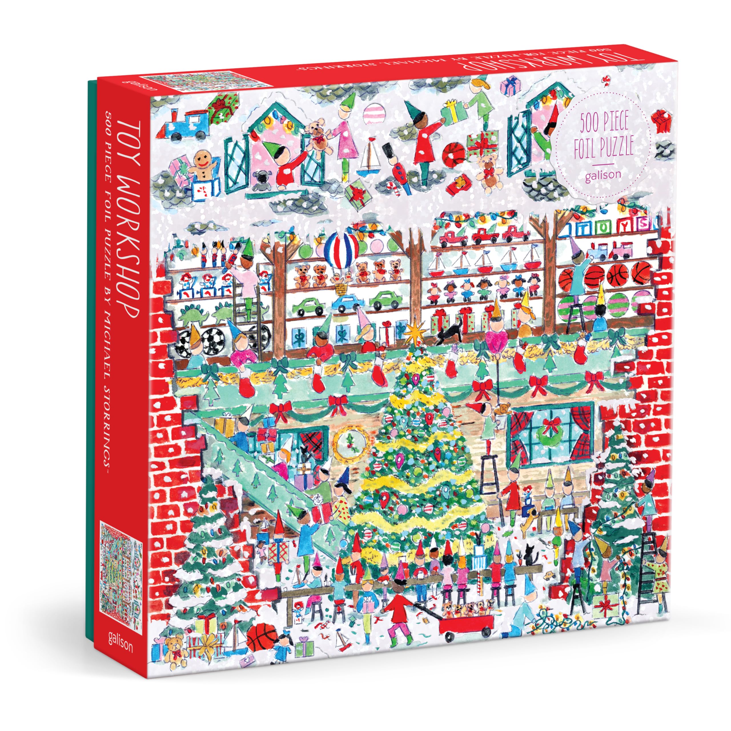 Galison Toy Workshop – 500 Piece Michael Storrings Foil Jigsaw Puzzle Featuring Beautiful Artwork of A Christmas Toy Workshop with Frosty Foil Accents